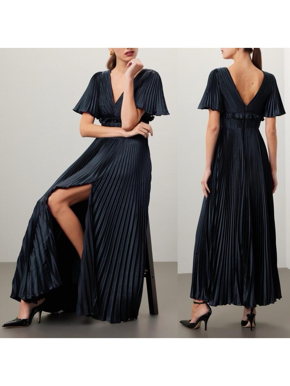 (FLAW) $698 AMUR Women's Suze Pleated Flutter Sleeve Gown w/ Slit- Sz 16